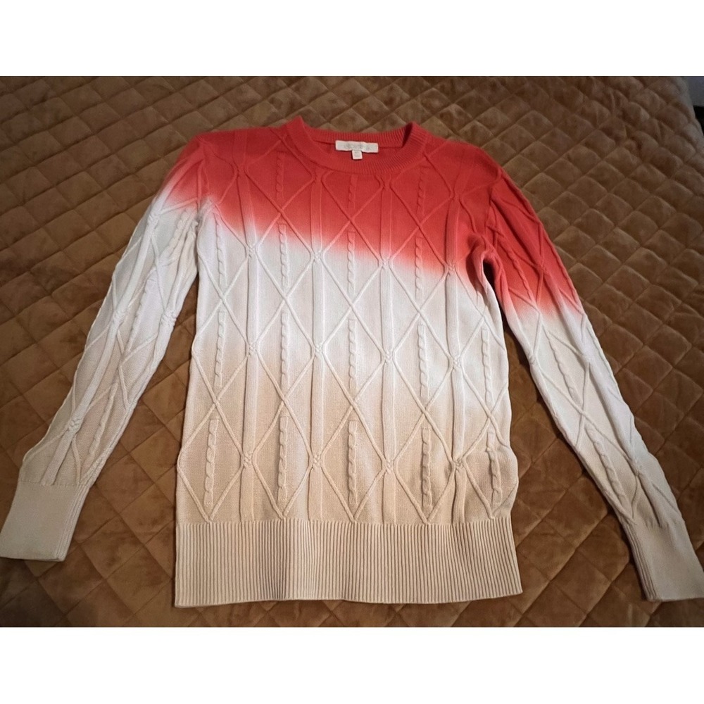 Etcetera XS Cable Knit Sweater Red Coral Ombre Crew Neck 100% Cotton